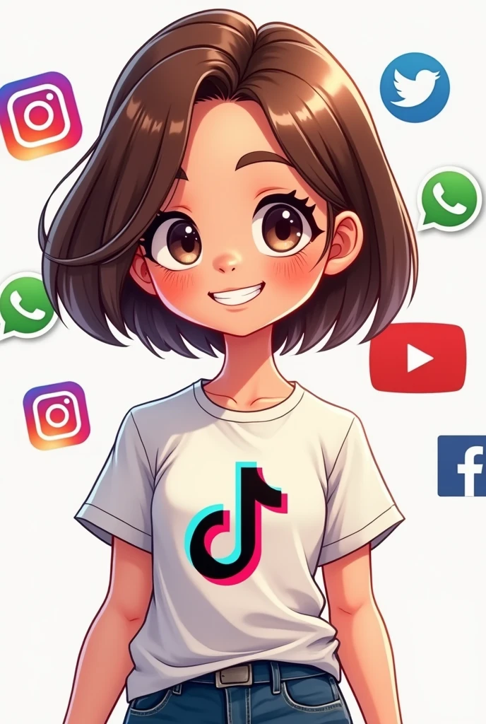 Cartoon drawing of a white girl with short brown hair who has the tiktok logo on her t-shirt, WhatsApp Instagram, Facebook and YouTube, for a profile photo
