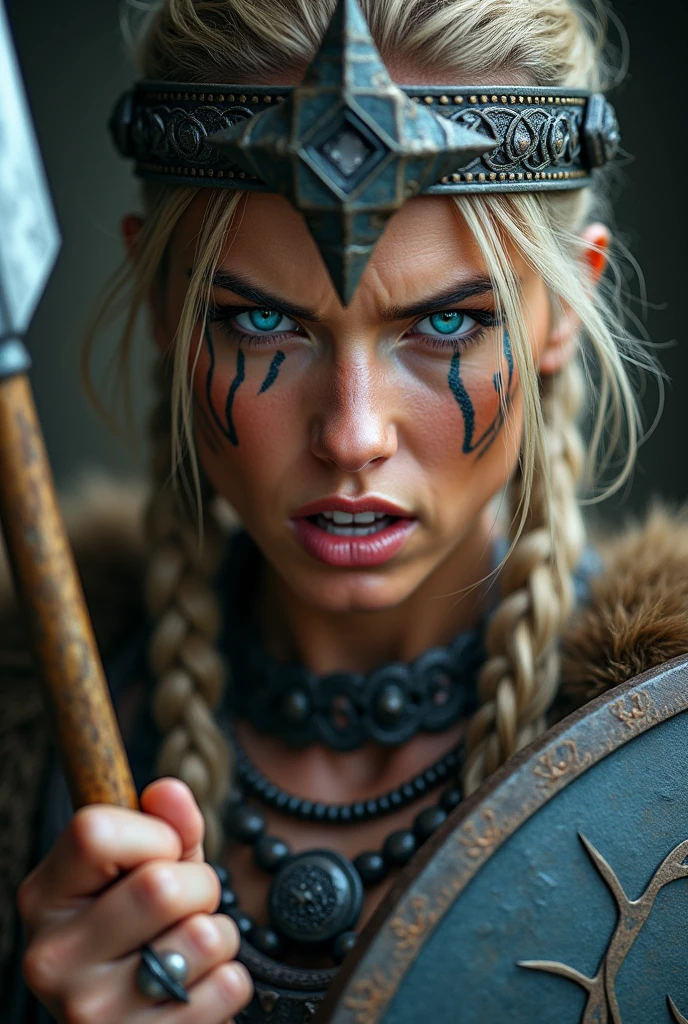 Close up face beautiful viking woman, spear and shield in hand , blue eyes with strong light, large crown on head , tribal design on the eyes, Angry, necklace around the neck with ornaments, battle outfit, knife close to the face