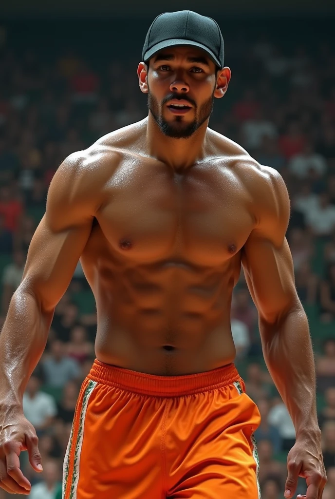 Imagine mexican shirtless basketball player wearing black cap and orange basketball shorts