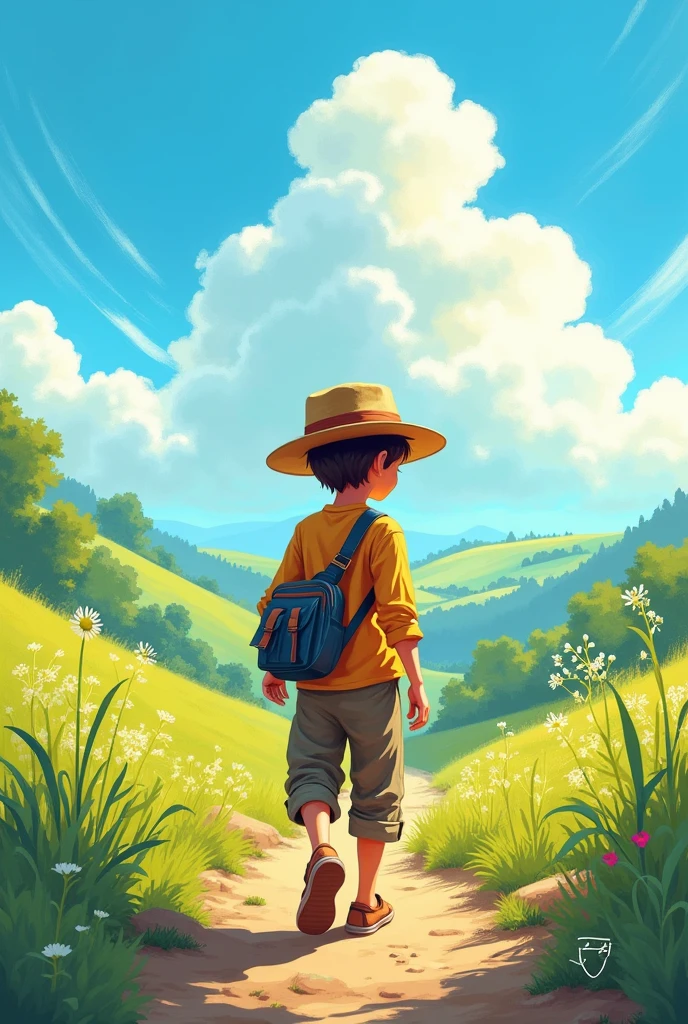Drawing of a boy with a cross-body bag, with hat, with long cloth pants, with a long-sleeved shirt under a radiant sun in the countryside