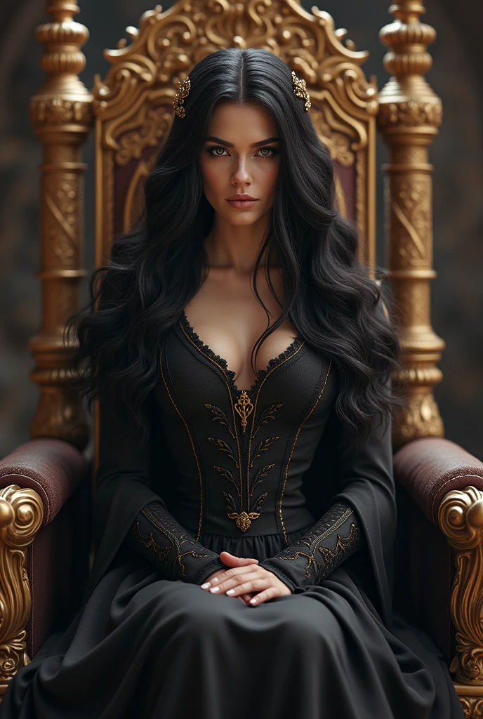 Majestic queen woman sitting black hair with a lock