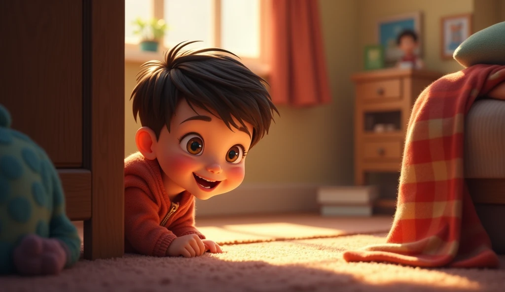A happy boy hiding under a corner in his house, with a cozy and warm atmosphere.