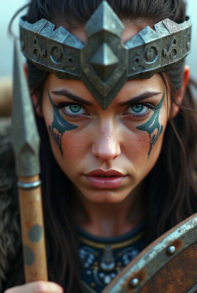 Close up face beautiful viking woman, spear and shield in hand , blue eyes with strong light, large crown on head , tribal design on the eyes, Angry, necklace around the neck with ornaments, battle outfit, knife close to the face