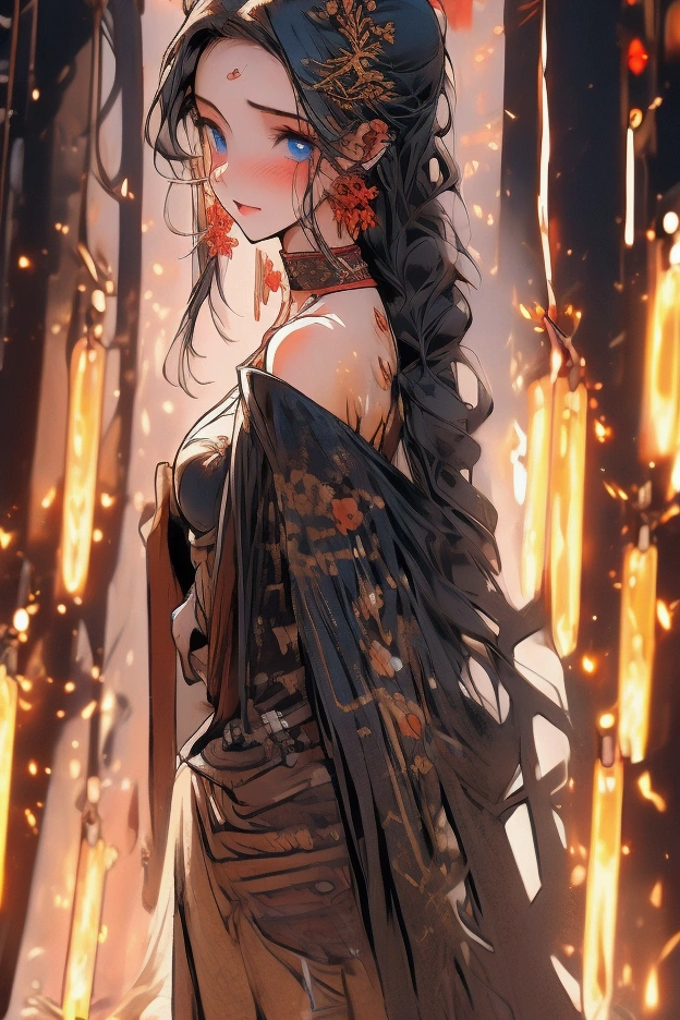 (masterpiece), best quality, expressive eyes, perfect face, 1girl, solo, looking at viewer, blush, long hair, blue eyes, black hair, hair ornament, gloves, tear, , white skin, medium breasts, glamor, crying, off shoulder, masterpiece, best quality, highly detailed, groping, humiliation, damaged clothes, injuired, sexy, slender, thin, full body, full body