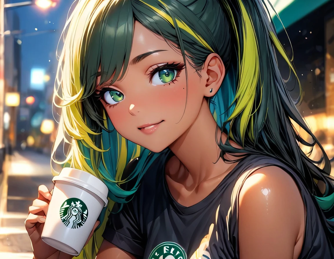 (highest quality:1.2, Very detailed, up to date, Vibrant, Ultra-high resolution, High Contrast, masterpiece:1.2, highest quality, Best aesthetics), Portraiture、girl、((slim:1.5)), Bright colors、Beautiful fine details、Beautiful lip detail、long hair, (ponytail:1.3), white and yellow green ((streaked hair:1.6)), highlights hair: 1.5, (small breast,:1) (tan skin:0.9), drinking coffee:1, holding coffee cup, sit in Starbucks, black t-shirt, happy:1.5, look at viewer, cowboy shot