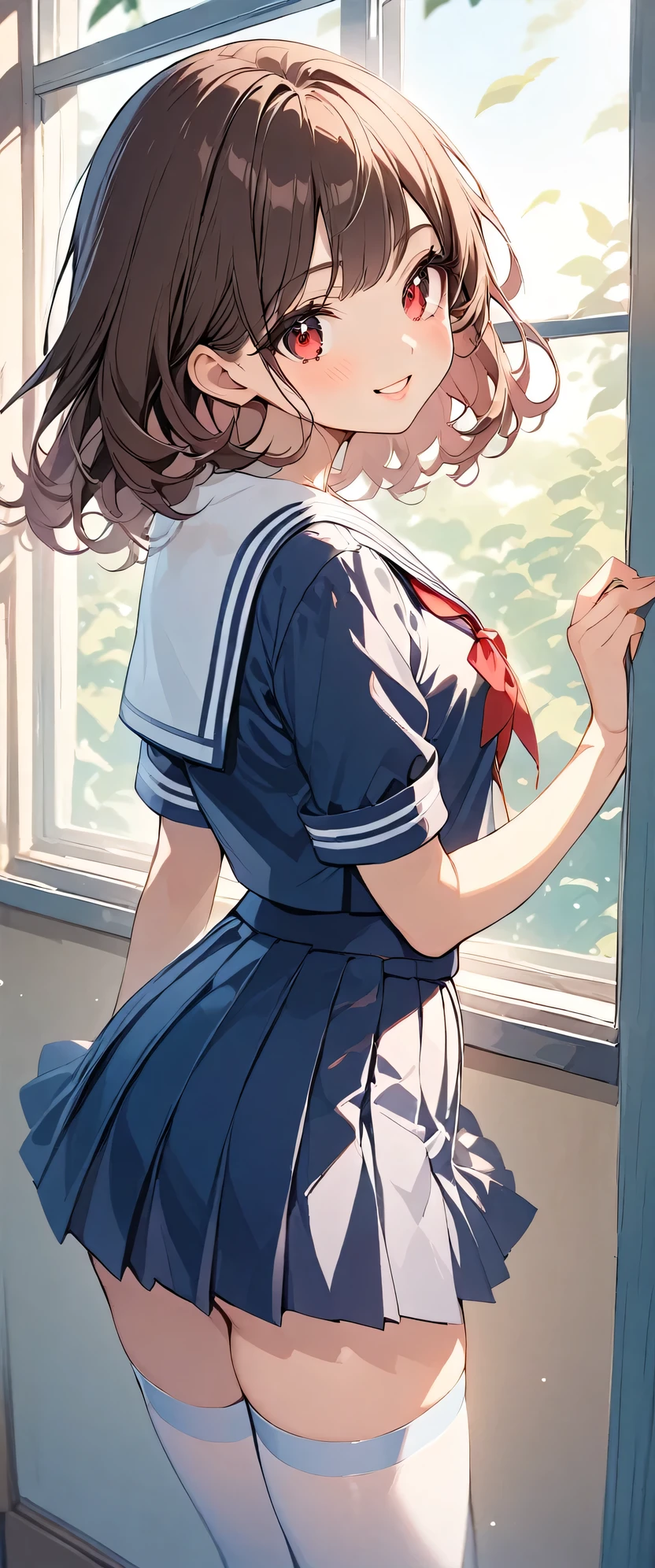 Highest quality、High resolution、Detailed Background、Beautiful face in every detail、Highly detailed face、Detailed red eyes、Anatomically correct、Normal number of fingers、age beauty、Perfect body line、Black Hair、Brown Hair、Bobcut、Long Hair、Wavy Hairstyle、Cute Eye Makeup、Cute Lip Makeup、Calm atmosphere、Glossy sailor suit、Sailor collar、Pleated skirt、Red ribbon、White Stockings、Standing by the window of a classroom、Looking back at me with a big smile、Cute gestures、very beautiful
