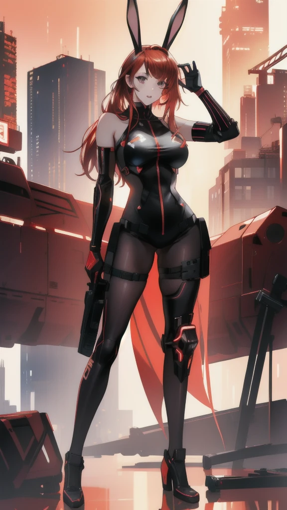 (best quality, masterpiece, anime) (solo) ((black hair:1.8), (hair with red highlights:1.7), (very long hair, single ponytail)), ((heterochromia_eyes_red_and_grey:1.4)), thick thighs, huge breasts, muscular, athletic, (cyborg:1.5), (robot arms:1.4), (robot legs:1.4), ((highcut leotard:1.8), one-piece, red_black_outift:1.3,) cleavage)), (jacket:1.3), (headgear, horn-like devices), toned body, 1 woman, (age 26), ((holding sword:1.6, katana, glowing)), beautiful, sexy, first rate body, (Lucia_Crimson_Weave:1.4), Lucia
