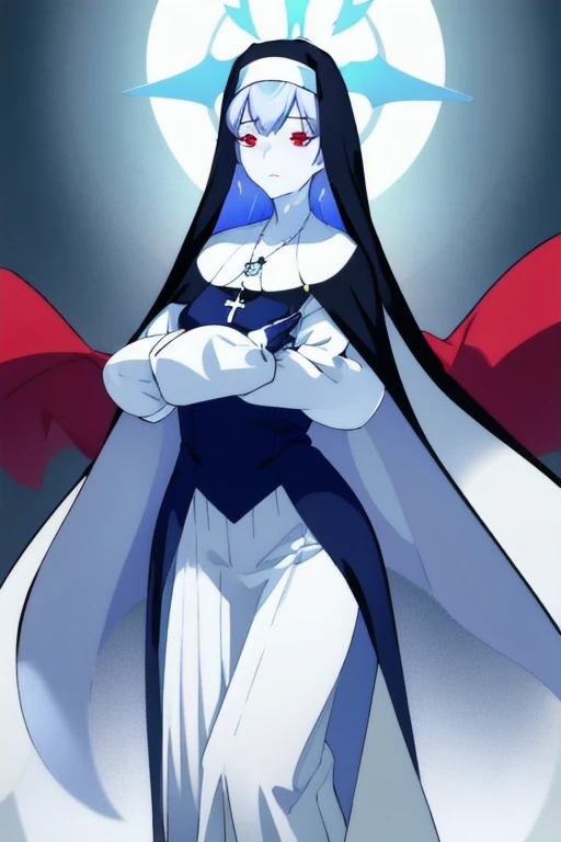 , closed eyes, 
 blue habit, cross necklace ,white gloves, long sleeves, nun, long skirts, cape, standing, white skin, red eyes, 
   1girl, Solo, Masterpiece, Best Quality, Breasts, 