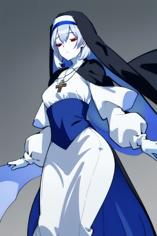 , closed eyes,
blue habit, cross necklace ,white gloves, long sleeves, nun, long skirts, cape, standing, white skin, red eyes,
1girl, Solo, Masterpiece, Best Quality, Breasts,