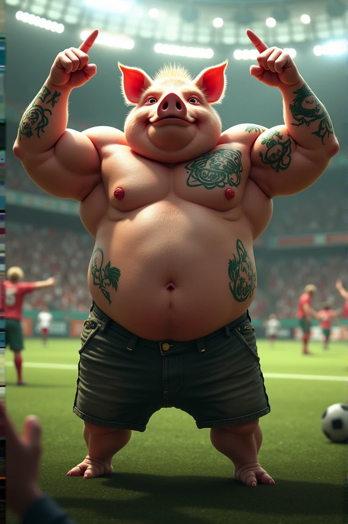 A muscular pig, chest puffed out and shirtless, green tattoos, crossing his arms above his head pointing the middle finger of both hands, inside a soccer stadium