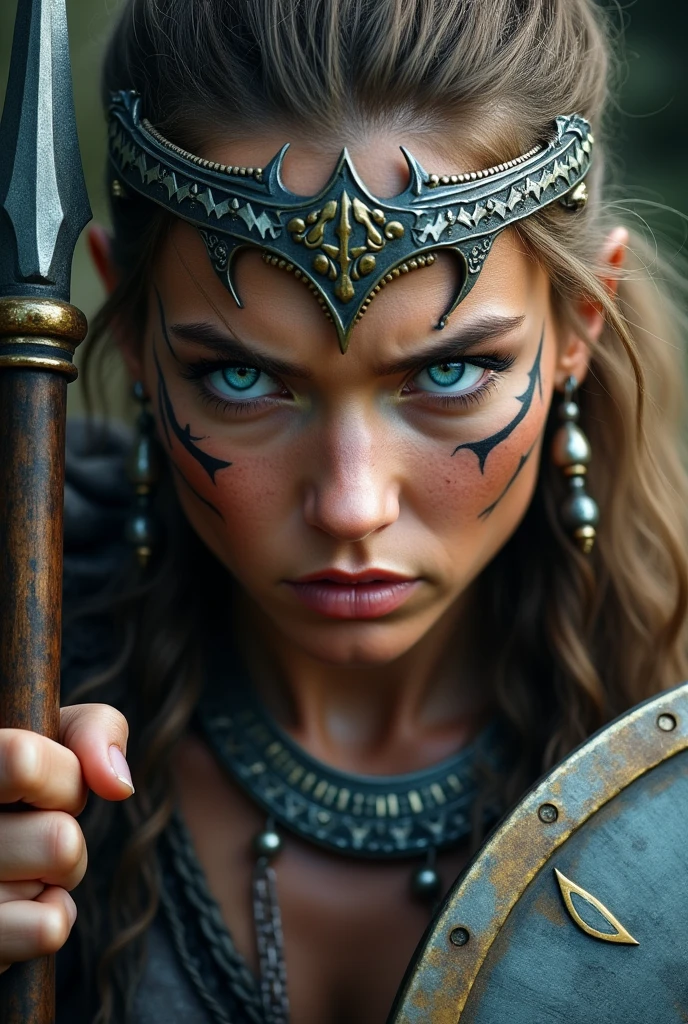Close up face beautiful viking woman, spear and shield in hand , blue eyes with strong light, large crown on head , tribal design on the eyes, Angry, necklace around the neck with ornaments, battle outfit, knife close to the face