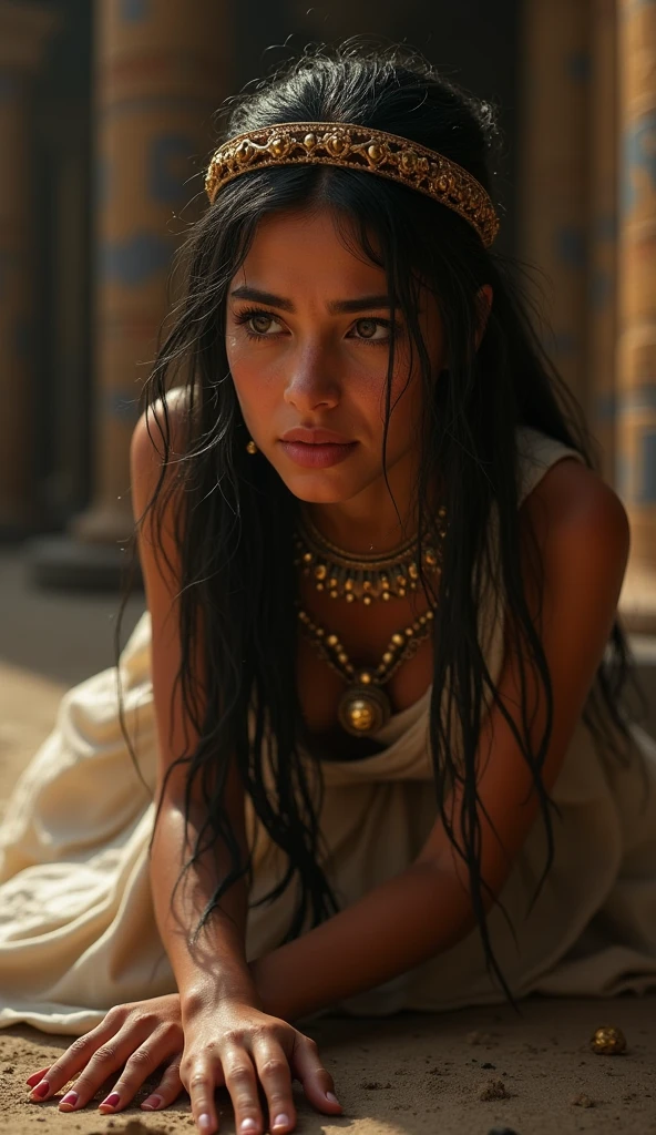 beautiful detailed eyes, beautiful detailed lips, extremely detailed eyes and face, long eyelashes, young egyptian queen, kneeling on the ground, crying, detailed facial expression, photorealistic, 8k, highres, masterpiece, cinematic lighting, dark moody colors, dramatic, emotional, intricate details, ornate jewelry, ancient egypt, historical, dramatic pose