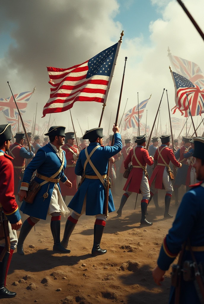 American soldiers in blue uniforms and British soldiers in red uniforms fighting together during the American Revolutionary War