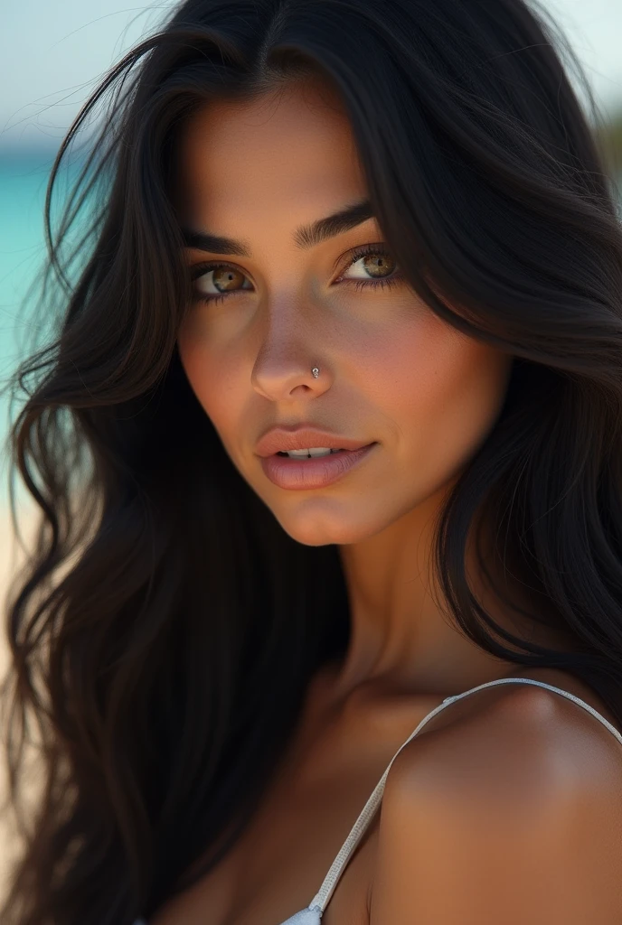 realistic portrait photo of beautiful woman with long black hair, Spanish, influencer, brown eyes, without makeup, instagram, Surrealism, UHD, high quality, highres, super detail, anatomically correct, accurate