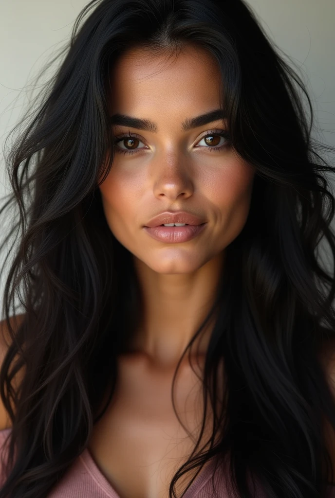 realistic portrait photo of beautiful woman with long black hair, Spanish, influencer, brown eyes, without makeup, instagram, Surrealism, UHD, high quality, highres, super detail, anatomically correct, accurate