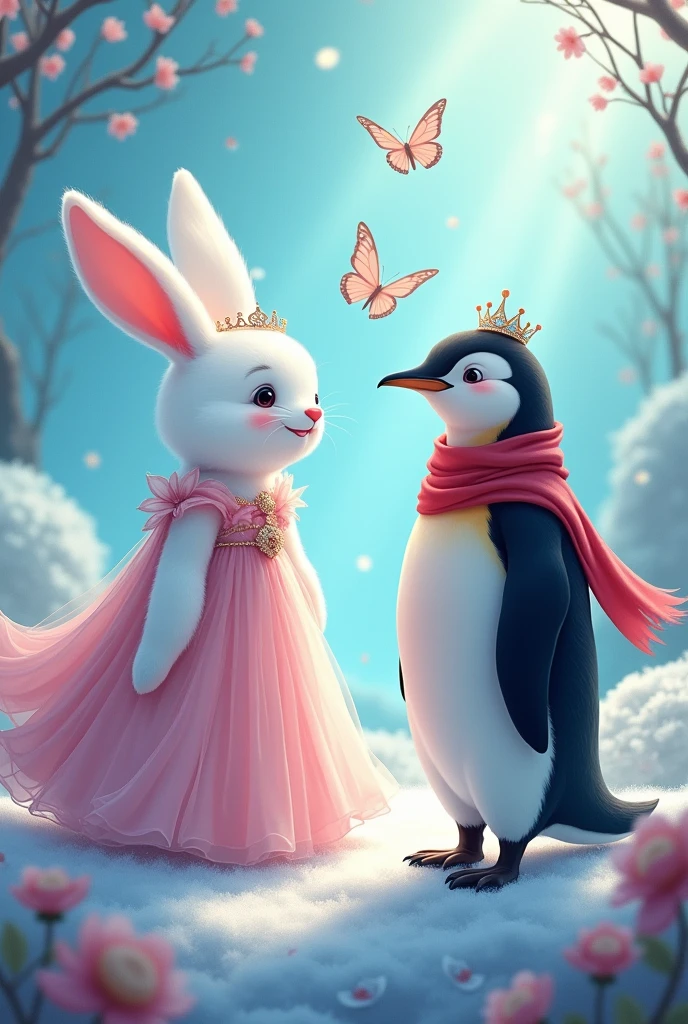 Create illustration of a white fluffy tall female animal bunny in a gown in soft shades of pink and blue, a crown tiara on her head talking to a tall penguin who is wearing a red scarf in a magical background Show them happy and interested. Fairytale atmosphere. Vector illustration. Add 2 butterflies in the background