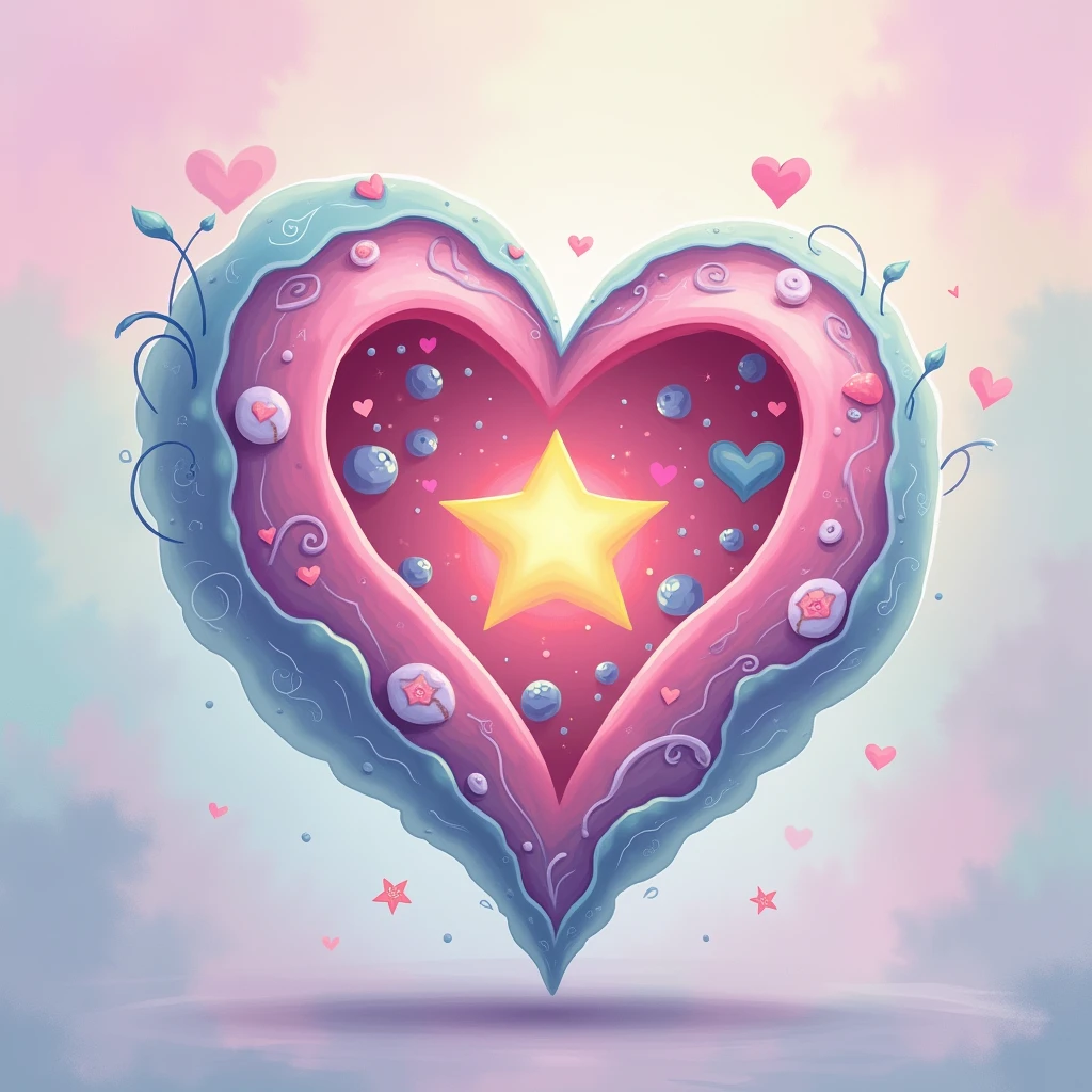 A heart-shaped cell with a star-shaped nucleus and smooth endoplasmic reticulum in pastel shades of pink, lilac and green. Illustrated style, with delicate and colorful features.