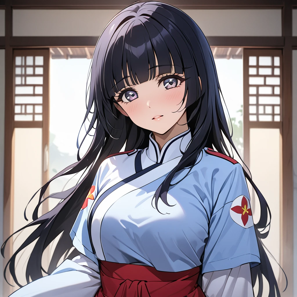 ((Highest quality)), ((masterpiece)), (detailed), (Perfect Face)、The woman is Reika Aoki with semi-long hair、The woman is a member of the North Korean Pleasure Squad and is wearing a traditional Korean dress.