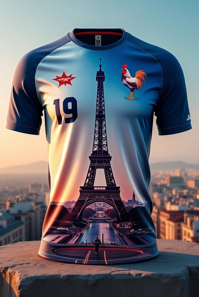 Make me a sports shirt from France with the wonder of the world, the Eiffel Tower, the rooster on the left chest of the shirt with the number 19 on the other side of the chest