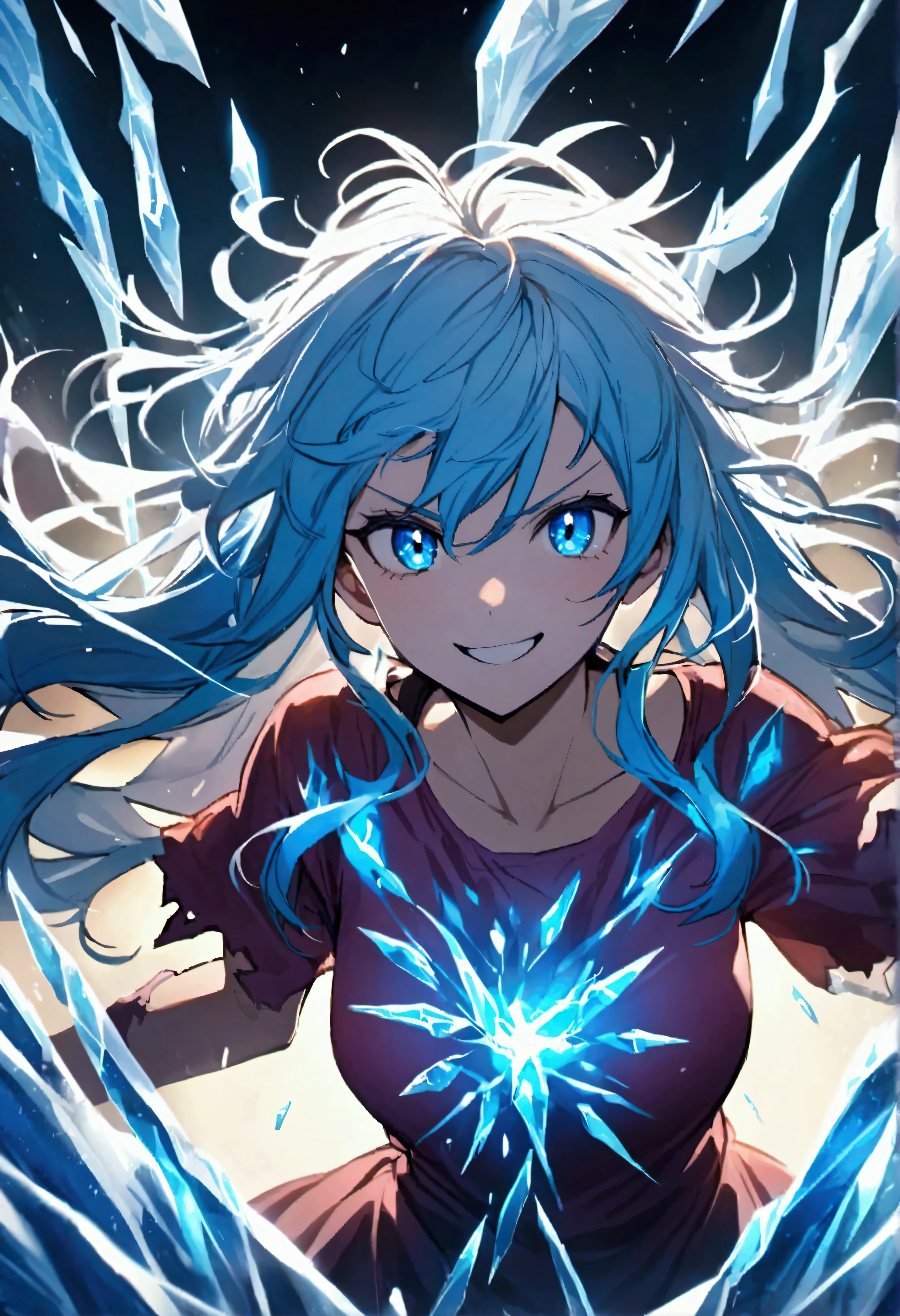 age girl, Messy hair, long hair, bright light blue hair, excited smile, serious face, shining blue eyes, ripped wide pink shirt, many blue tattoos on the body, intense ice aura around the character.