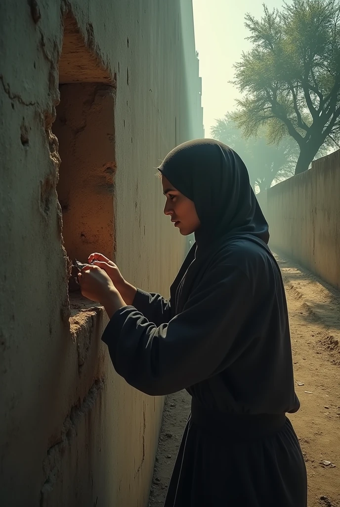 Une image magnifique et réelle en haute résolution 4K. Une jeune fille arabe de 18 ans creuse un un petit trou dans le mur de la prison pour gagner sa liberté. Elle tient dans sa main un morceau de fer avec lequel elle creuse. porte une robe . La jeune fille est sur le point de terminer son travail. De l'autre côté du mur, elle trouve des arbres avec une tristesse lourde et profonde et des larmes dans les yeux.
Éclairage doux d'en haut, fumée à l'arrière