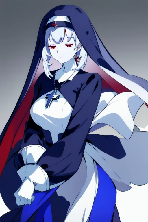 , closed eyes,
blue habit, cross necklace ,white gloves, long sleeves, nun, long skirts, cape, standing, white skin, red eyes,
1girl, Solo, Masterpiece, Best Quality, Breasts, no hands, sleeves coverd hands, overly long sleeves