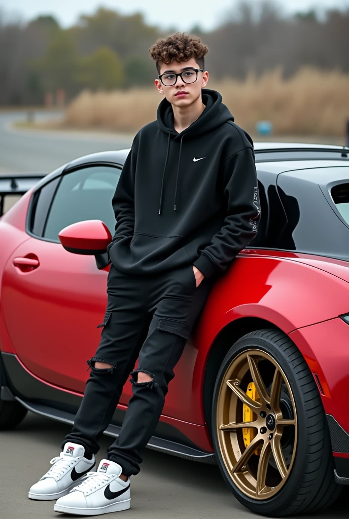 Realistic HD photo from different angles of a matte red Mazda MX5 with gold rims and yellow calipers and a spoiler, Sporty diffuser and side skirts in carbon fiber, and leaning on him a young man with square glasses and short curly hair with a taper fade cut and a black Nike sweatshirt, Black ripped pants and white Nike blazer, and the BMW comes out complete