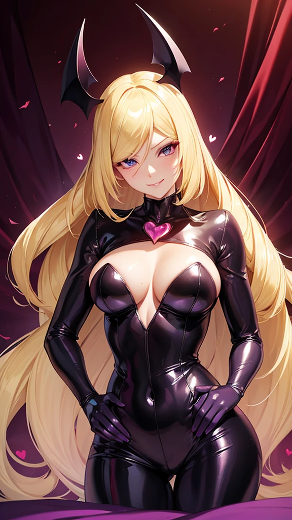 Erotic　Lusamine, tall, busty, blonde, mature, married woman, female executive in shiny purple rubber suit, red, black background, heart, bedroom, dark theme, evil, temptation, excitement, condescending smile, sexy pose, upper body emphasis, lying on man, angle from below, bat wings