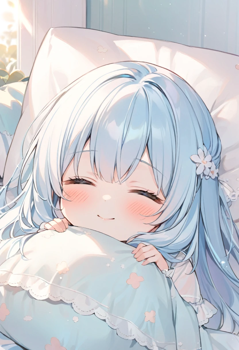 solo,, masterpiece, best quality, extremely detailed, (illustration, official art:1.1), 1 girl ,(((( light blue long hair)))), ,(((( light blue long hair)))),light blue hair, , long hair ((blush)) , cute face, big eyes,One girl, fluffy、Loose、A heartwarming world、masterpiece, Highest quality,Super detailed, One girl, From above,Little,,Sleep,,Animal costumes,Sleeping on the bed、pastel colour、cute、