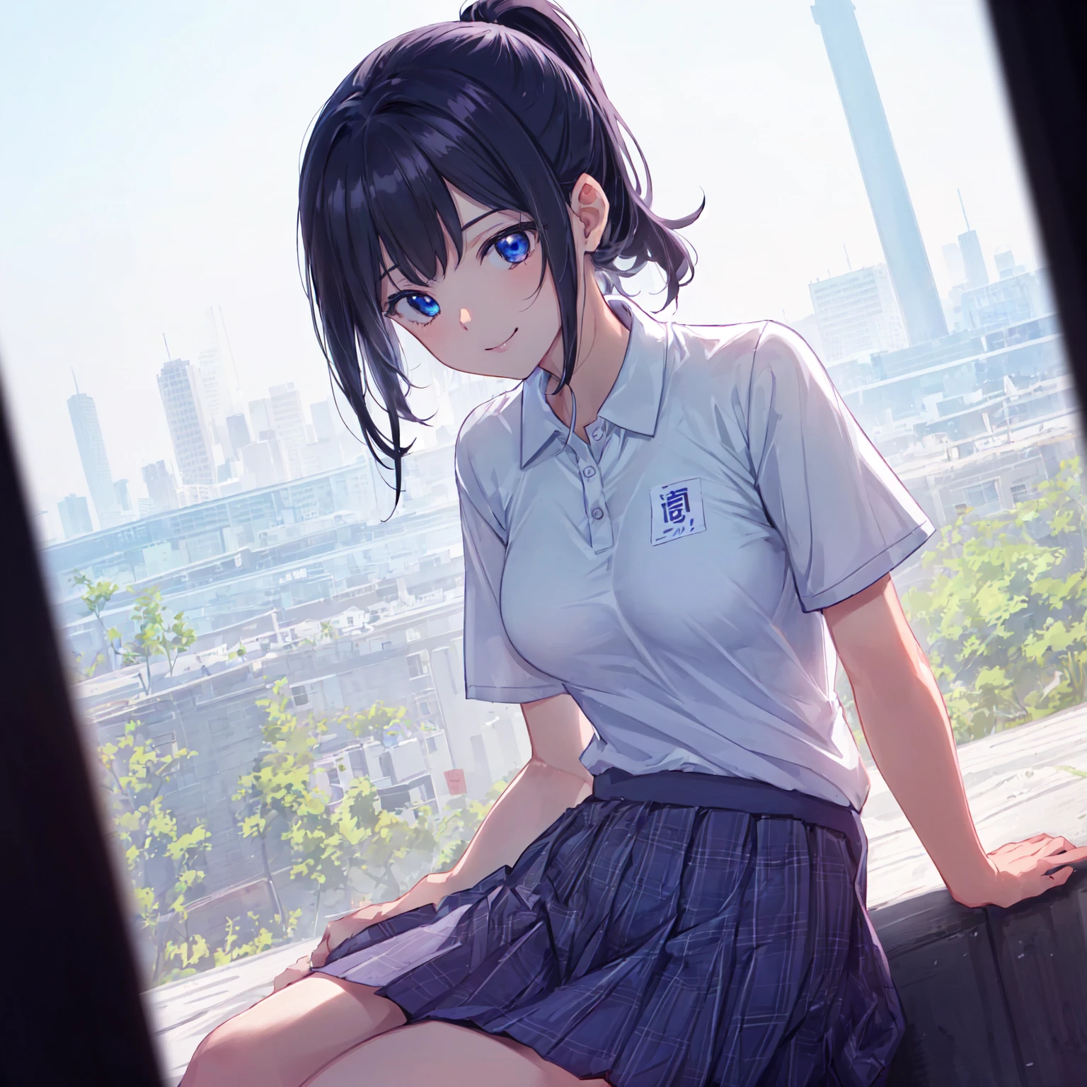 (Pencil Art:1.3),masterpiece, Highest quality,pastel colour,high school,Happy-go-lucky look ,Highest qualityのお腹,look away,sneakers,closed mouth,smile,polo shirt,(Masterpiece:1.5, Best Quality),blue polo shirt,light grey pleated skirt,Lower ponytail,Dutch Angle, {{black hair}} , (Depth of Field), Dynamic Posture,{{beautiful medium size breasts1:4}},{{beautiful blue eye1:4}},photorealistic 1;4, high quality panties, top quality, {{beautiful butt}}, cute girl, high quality background, BREAK, BREAK, 5 fingers