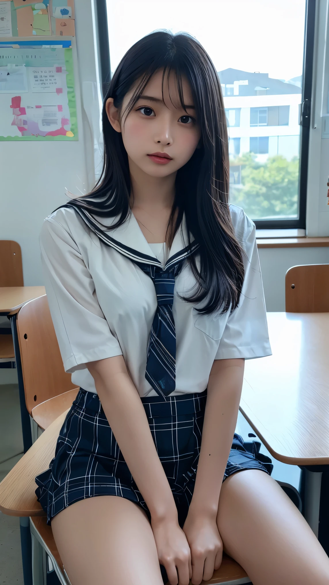 Browsing Caution,Highest quality,Ultra-high resolution,,Japanese 1 female high school student,whole body,Black Hair,A serious expression,Looking into the camera,Beautiful and elaborate face,Fine and beautiful skin,Skin Texture,high school student,uniform,tie,Small breasts,Blue plaid mini skirt,Thigh,White panties,Between the legs,Classroom after school,Sit at a desk,Raise your knees and open your legs,Exposed crotch,Focus on the crotch,White pantiesが見える