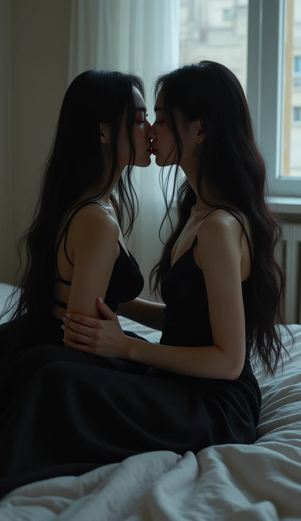 two asian women long black hair kissing on the mouth with black clothes on a bed