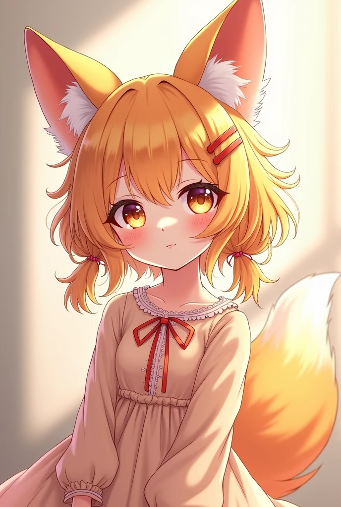 anime, fox girl, best quality,best quality, best masterpiece, ,Authentic skin texture, ahoge,,,hairclip,messy hair,low twintails ribbon dress glowing eyes ,petite flat chest,