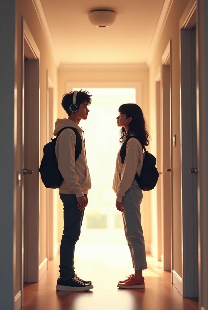 A hall way end in a house showing 2 doors on either side with a university hansome boy with headphones and a university black haired brown girl on opposite sides
