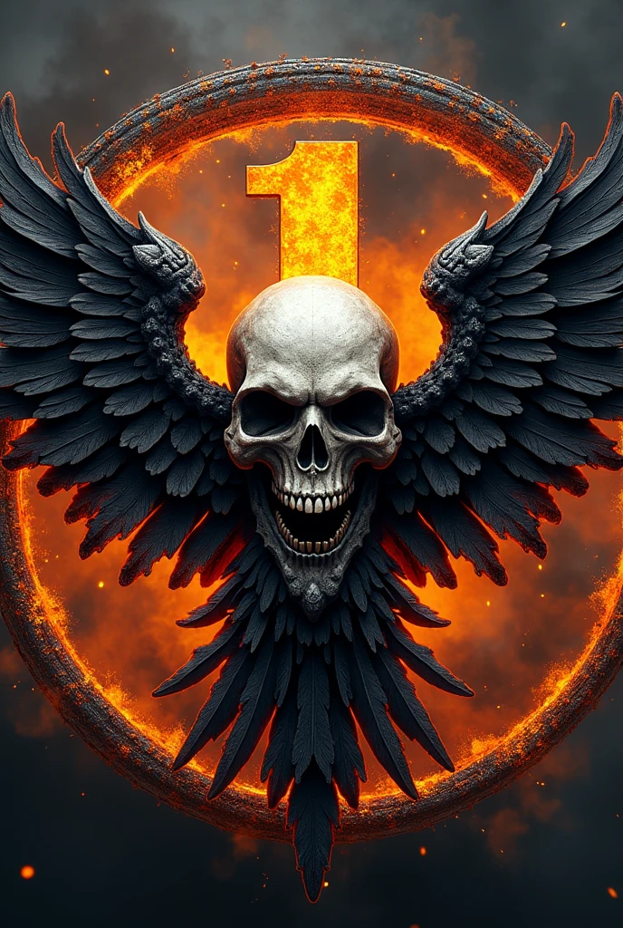 Circular coat of arms with the words IRON HORSE and skull, wings, 1, fire, smoke, with several details and tracks something that reminds of speed, freedom, black and orange theme. "RIDE TO LIVE, LIVE TO RIDE".