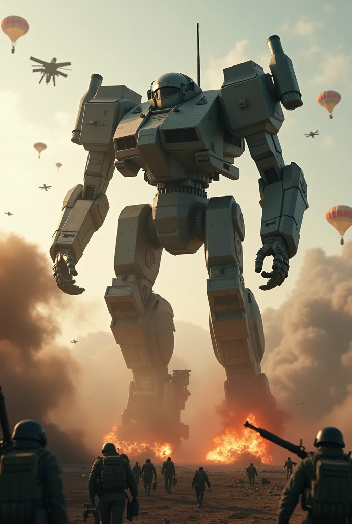 ((Militaristic artistry, meticulous mechanical detail, realistic ambiance))A cinematic action scene unfolds as mech units deploy from the sky via parachutes. Suspended in mid-air, several military mechs fire their weapons at ground-based enemies. The sky erupts with anti-aircraft rounds and surface-to-air missiles, obliterating mech units during their descent.
Intense chaos engulfs the scene. Explosions illuminate the sky as the mechs plummet. On the ground, enemy forces frantically reposition their defenses, caught off-guard by the aerial onslaught. Despite suffering heavy losses, the surviving mech units press on, resolute in their mission to establish a foothold and shift the battle's momentum.