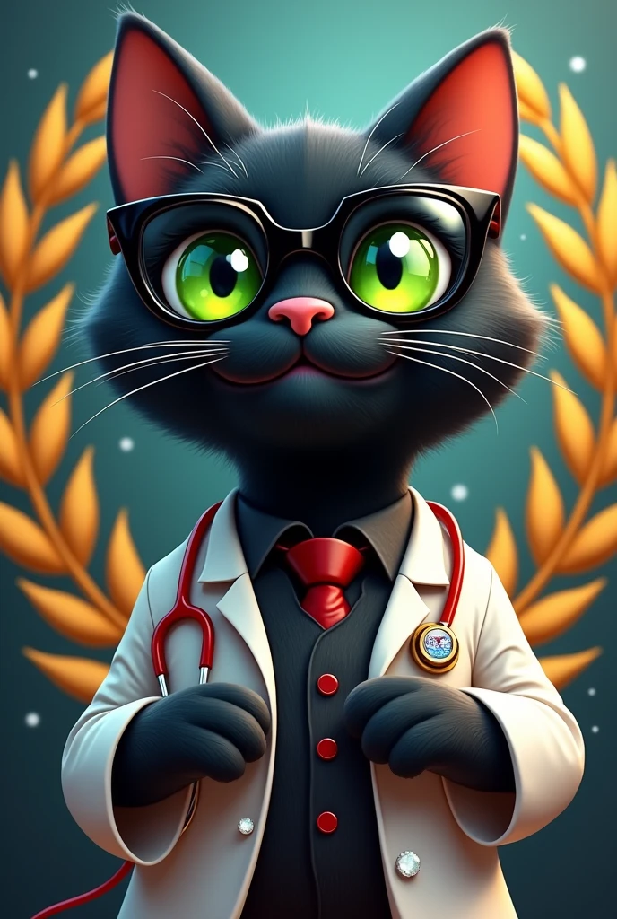 I want a logo with a happy, smug, and tender black cat with green eyes with shiny black glasses and crystals that plays a tuba and also has a stethoscope and on the sides there are very realistic, very shiny golden laurels and a white doctor's coat with musical notes.