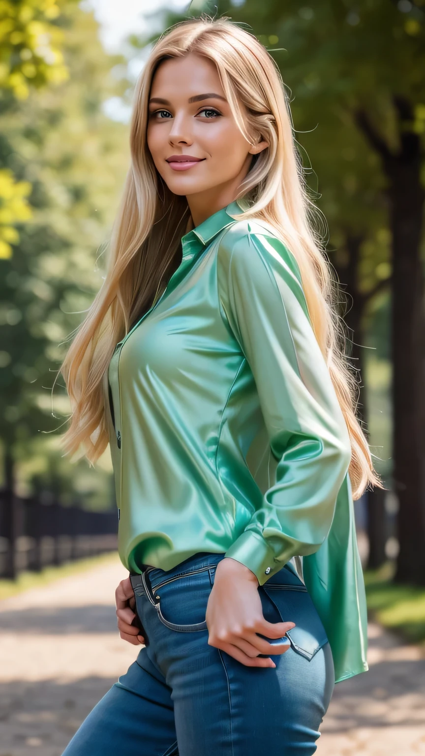 Realistic full body photo of a smiling, Young blonde girl with long hair, She dances in front of the camera in a long, green silk shirt and tight jeans..., Park,glamour fotoshooting, Park, perfect anatomy, perfect blue eyes. Perfect hands with 5 fingers on each hand, Matching girl, look into the camera, 1 Frau. (Eye make up:1.1), (highly detailed skin:1.1), spirit, analog style, keen focus, 8K  UHD, dslr, good quality, Fujifilm XT3, Grain, Award-winning, ​masterpiece. Park