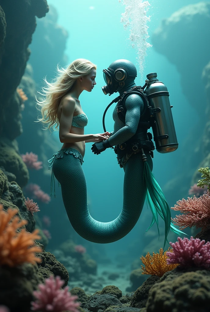mermaid touching a diving suit, corals in the background, ocean, haze, dramatic lighting , cinematic lighting, best qualityer, hyper realist, highy detailed