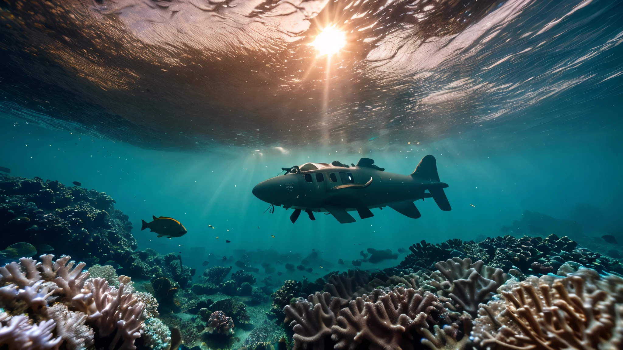 A small private plane submerged underwater, coral reef in the background, sunlight filtering through the water, fish swimming around the wreckage, highly detailed, photorealistic, underwater photography, 8K resolution.