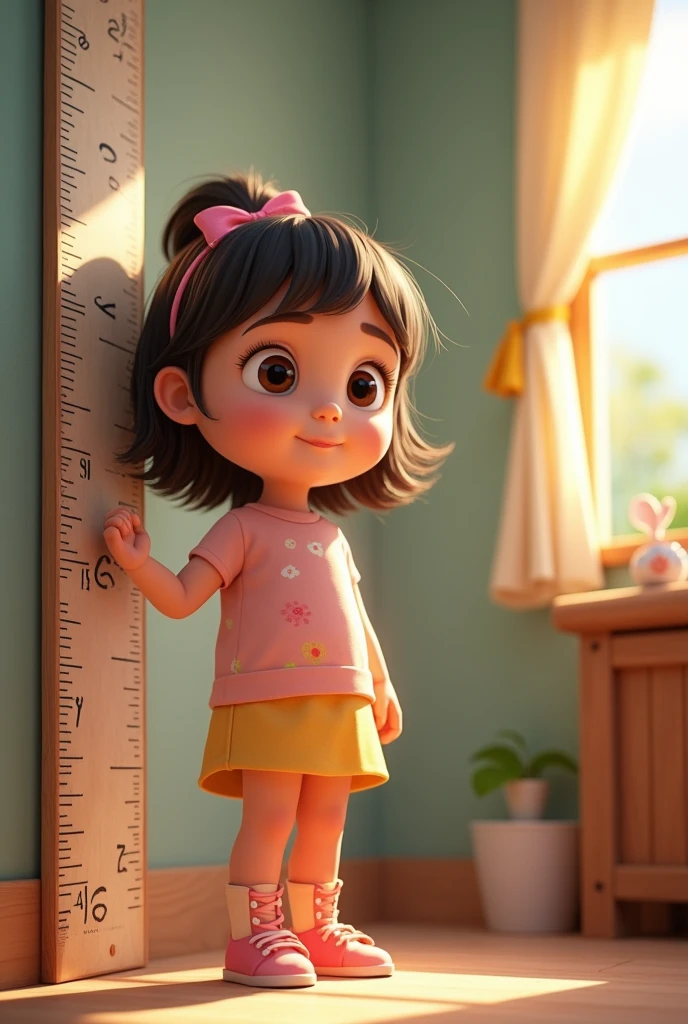 A growth ruler next to a girl measuring herself