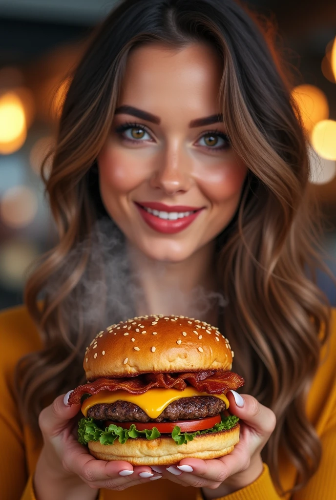 a detailed photorealistic advertisement illustration, 1 person, a woman in her 30s, beautiful detailed eyes, beautiful detailed lips, beautiful detailed face, long eyelashes, smiling, holding a loaded keto burger, appetizing, mouth-watering, steam rising from the burger, fresh ingredients, high-quality bun, melted cheese, crispy bacon, juicy patty, vibrant colors, studio lighting, professional photography, glossy, appetizing, delicious, mouth-watering, tempting