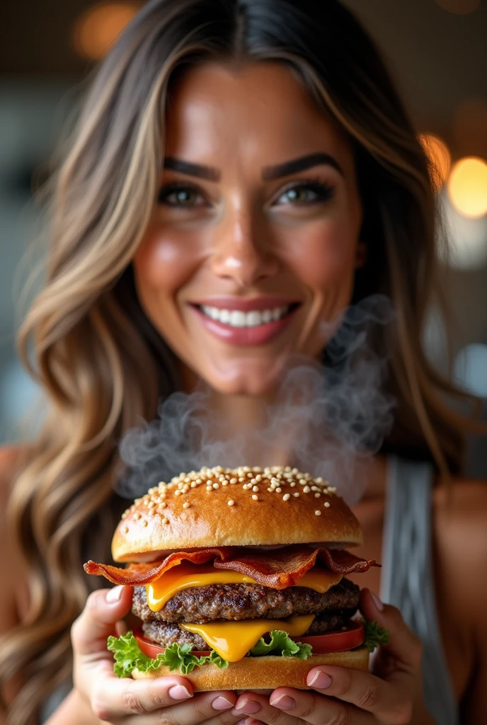 a detailed photorealistic advertisement illustration, 1 person, a woman in her 30s, beautiful detailed eyes, beautiful detailed lips, beautiful detailed face, long eyelashes, smiling, holding a loaded keto burger, appetizing, mouth-watering, steam rising from the burger, fresh ingredients, high-quality bun, melted cheese, crispy bacon, juicy patty, vibrant colors, studio lighting, professional photography, glossy, appetizing, delicious, mouth-watering, tempting