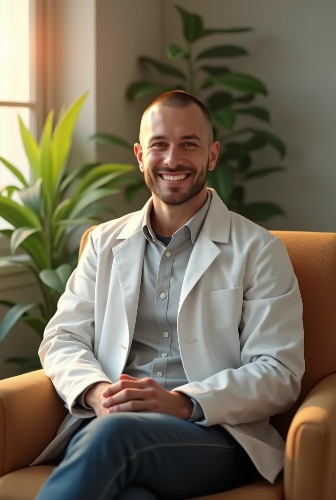 (photorealism:1.2), therapist male ,sitting on a comfy chair , wearing white jacket , not showing his legs , buzz cut , soft lighting, plants in background, window with sunlight, cozy room, relaxed pose, realistic, intricate details, warm colors. 