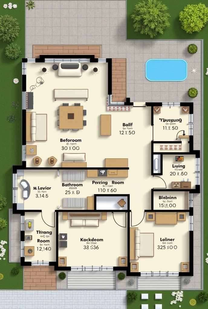House Design for a 10 Marla Plot**
Plot Dimensions:
- Width (Frontage): 35 feet
- Length (Depth): 65 feet
Ground Floor Plan:
1. Entrance Porch/Car Porch:
- Size: 15 feet x 12 feet
- Location: Front side of the house, allows parking space for 1-2 cars.
2. Drawing Room (Guest Room):
- Size: 15 feet x 12 feet
- Location: Adjacent to the entrance, accessible from the main entrance hall.
3. Living Room (TV Lounge):
- Size: 20 feet x 15 feet
- Location: Centrally located, providing access to other parts of the house.
4. Dining Room:
- Size: 12 feet x 12 feet
- Location: Near the kitchen, adjacent to the living room.
5. Kitchen:
- Size: 10 feet x 12 feet
- Location: Next to the dining room for easy access.
6. Master Bedroom with Attached Bathroom:
- Size: 15 feet x 14 feet (Bedroom), 7 feet x 8 feet (Bathroom)
- Location: Towards the rear of the house, for privacy.
7. Guest Bedroom with Attached Bathroom:
- Size: 12 feet x 12 feet (Bedroom), 6 feet x 7 feet (Bathroom)
- Location: Near the front of the house, accessible from the living area.
8. Staircase:
- Size: 8 feet x 10 feet
- Location: Next to the living room, providing access to the upper floor.
9. Powder Room:
- Size: 5 feet x 6 feet
- Location: Near the entrance or living room for guest use.
10. Store Room:
- Size: 6 feet x 6 feet
- Location: Near the kitchen or under the staircase.
11. Backyard/Garden:
- Size: 15 feet x 10 feet
- Location: At the rear of the plot, can be used for gardening or a small outdoor seating area.