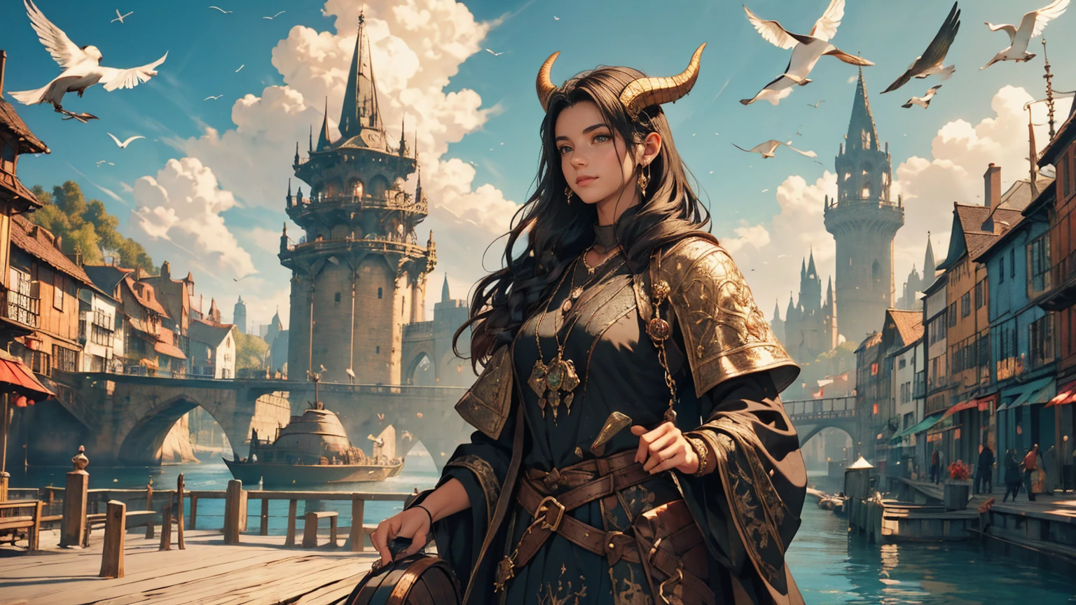 A girl with long black hair wearing black adventure clothes with demon horns, walking along the a dock on a port next to the city in a medieval fantasy theme. (best quality, 4k, highres, masterpiece:1.2), ultra-detailed, (realistic:1.37)
Additional details: The girl is carrying a leather satchel on her side, with maps sticking out. She has a silver necklace with a small ruby pendant. Her black clothes are adorned with intricate embroidery and metal buckles. The dock is filled with old wooden ships and barrels, with seagulls flying overhead. The city's walls and towers can be seen in the distance, against a backdrop of lush green mountains. (medieval, fantasy-themed:1.2)
Color palette: Deep and rich earth tones, with accents of gold and sapphire blue. (rich, earthy colors)
Lighting: Warm sunlight streaming through the clouds, casting long shadows on the cobblestone road. (warm sunlight, dramatic shadows)