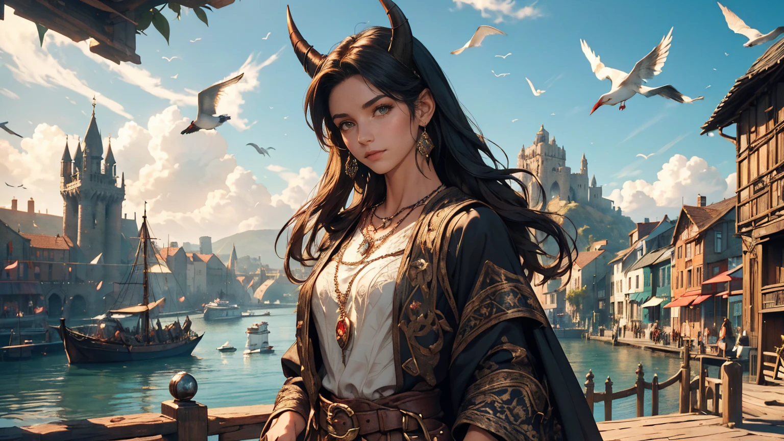 A girl with long black hair wearing black adventure clothes with demon horns, walking along the a dock on a port next to the city in a medieval fantasy theme. (best quality, 4k, highres, masterpiece:1.2), ultra-detailed, (realistic:1.37)
Additional details: The girl is carrying a leather satchel on her side, with maps sticking out. She has a silver necklace with a small ruby pendant. Her black clothes are adorned with intricate embroidery and metal buckles. The dock is filled with old wooden ships and barrels, with seagulls flying overhead. The city's walls and towers can be seen in the distance, against a backdrop of lush green mountains. (medieval, fantasy-themed:1.2)
Color palette: Deep and rich earth tones, with accents of gold and sapphire blue. (rich, earthy colors)
Lighting: Warm sunlight streaming through the clouds, casting long shadows on the cobblestone road. (warm sunlight, dramatic shadows)