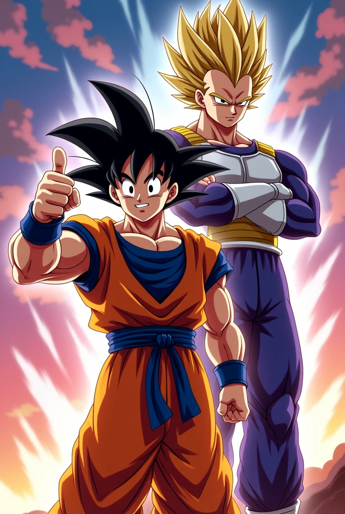 Goku with Vegeta with his arms crossed behind him, anime style, giving a thumbs up to the screen