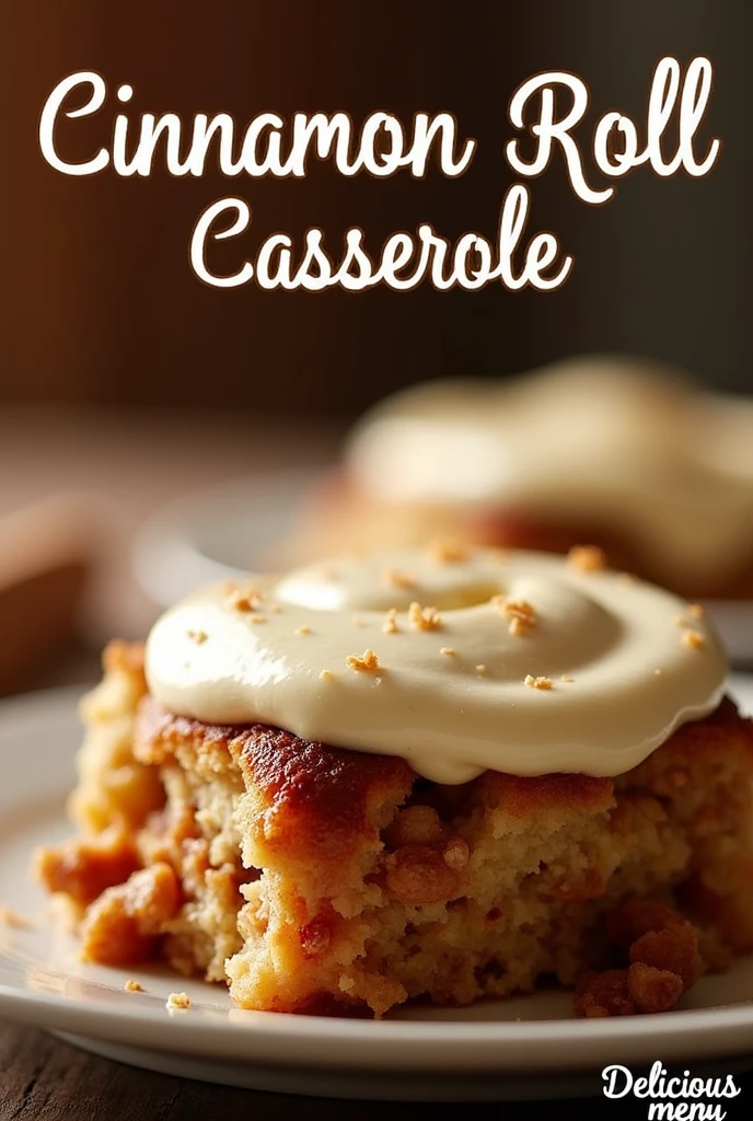 Create a visually appealing image for Pinterest featuring a delicious cinnamon roll casserole. The image should showcase the casserole in an inviting and mouth-watering way, with a close-up view highlighting the gooey cinnamon filling and frosting on top. Use warm, cozy colors to enhance the comfort food feel. Include the title "Cinnamon Roll Casserole Recipe" in an elegant and readable font, prominently displayed at the top or bottom of the image. Add a subtle watermark that says "Delicious Menu" in the bottom right corner of the image to maintain the aesthetic while ensuring brand recognition.