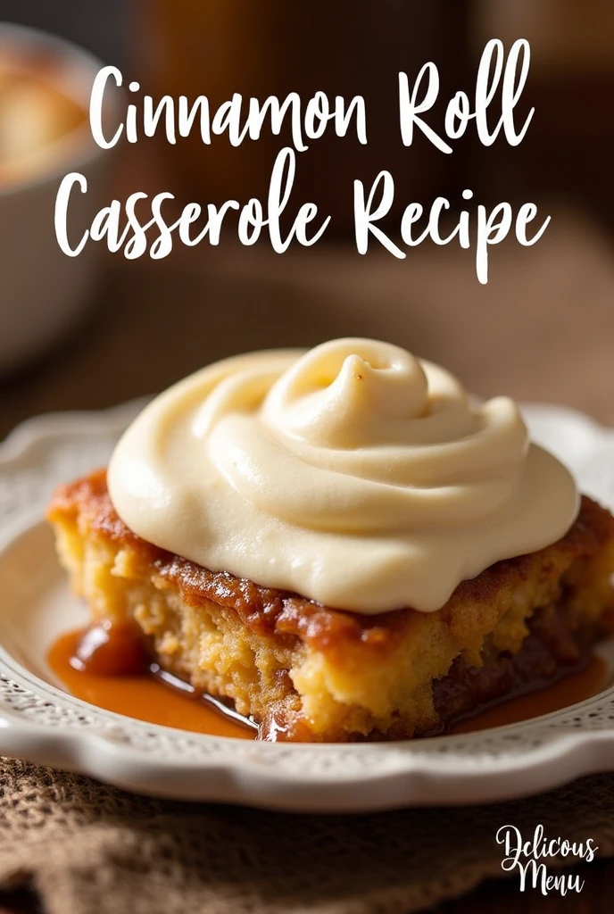 Create a visually appealing image for Pinterest featuring a delicious cinnamon roll casserole. The image should showcase the casserole in an inviting and mouth-watering way, with a close-up view highlighting the gooey cinnamon filling and frosting on top. Use warm, cozy colors to enhance the comfort food feel. Include the title "Cinnamon Roll Casserole Recipe" in an elegant and readable font, prominently displayed at the top or bottom of the image. Add a subtle watermark that says "Delicious Menu" in the bottom right corner of the image to maintain the aesthetic while ensuring brand recognition.